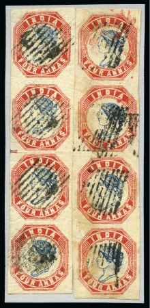 Stamp of India » 1854 Lithographs 1854-55 4a blue and red, 4th printing, head die III, frame die II, two used vertical strips of four (*)