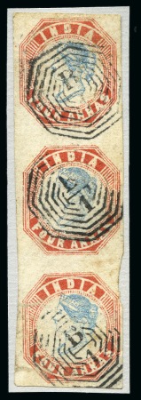 Stamp of India » 1854 Lithographs 1854-55 4a blue and rose-red, 5th printing, head die III, frame die II, used vertical strip of three (*)