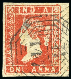 Stamp of India » Used Abroad » Straits Settlements » Penang (147) 1854 1a red, die I, good to large margins, cancelled clear 'B/147' octagonal (*)