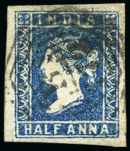 Stamp of India » Used Abroad » Straits Settlements » Singapore (172) 1854 1/2a blue, die III, good to large margins, cancelled clear 'B/172' octagonal (*)