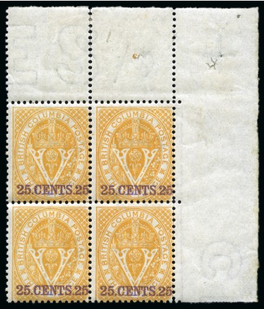 Stamp of Canada » British Columbia and Vancouver 1868-71 25c Yellow perf.14 mint original gum top right corner marginal block of four