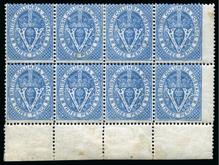 Stamp of Canada » British Columbia and Vancouver 1865 3c Blue with INVERTED WATERMARK in mint lower right corner pane marginal block of 8