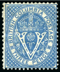 Stamp of Canada » British Columbia and Vancouver 1865 3c Pale Blue INVERTED WATERMARK mint part og