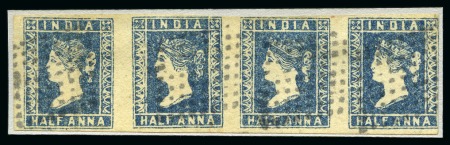 Stamp of India » 1854 Lithographs 1854-55 1/2a blue, die I, used strip of four from the A stone, positions 77-80, plus used block of four from the B stone (*)