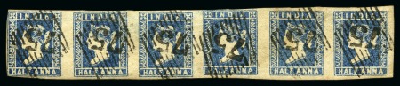 Stamp of India » 1854 Lithographs 1854-55 1/2a blue, die II, used horizontal strip of six (*)