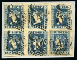 Stamp of India » Foreign Settlements in India » French Indian Settlements 1854-55 Attractive group of Lithographs showing 1/2a blue, die III, stone D, block of six with C/147 of Karikal, etc. (*)