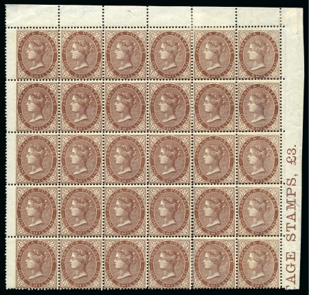 Stamp of Jamaica 1860-70 1s Yellow-Brown top part sheet block of 30