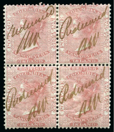 Stamp of Canada » British Columbia and Vancouver 1860 2 1/2d Deep Reddish Rose block of 4 with each stamp cancelled by manuscript "redeemed AW"