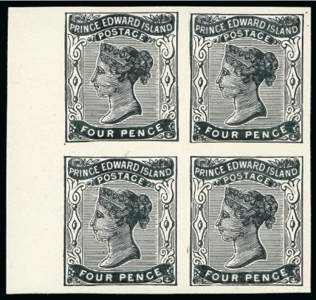 Stamp of Canada » Prince Edward Island 1861 & 1872 Group of 4 reprint proof blocks of four on carton paper + proof in blue on wover paper