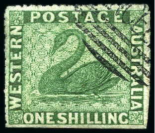 Stamp of Australia » Western Australia 1861 1s Deep Green on blued paper, perf.14-16 (very rough), with partial "CANCELLED" hs