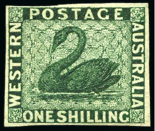 Stamp of Australia » Western Australia 1861 1s Deep Green imperforate imprimatur on watermarked Swan paper with part og