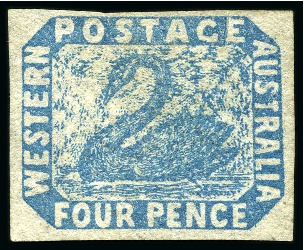 Stamp of Australia » Western Australia 1854 4d Blue showing variety "T of POSTAGE shaved at base" and "T of AUSTRALIA compressed" (pos. R7/5), unused