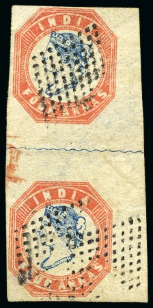 Stamp of India » 1854 Lithographs 1854-55 4a blue and red, 2nd printing, used vertical pair (*)