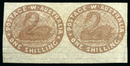 Stamp of Australia » Western Australia 1854 1s Pale Brown unused lower marginal pair, fine to good margins elsewhere