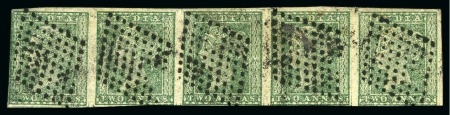 Stamp of India » 1854 Lithographs 1854-55 2a green, attractive array of used multiples mounted on four exhibition pages (*)