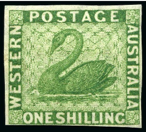 Stamp of Australia » Western Australia 1864-79 1s Bright Green imperforate plate proof on wmk CC paper