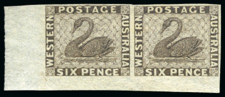 Stamp of Australia » Western Australia 1861 Colour trials 6d grey-violet on unwatermarked thin paper in lower left corner marginal pair