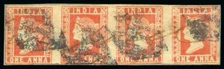 Stamp of India » 1854 Lithographs 1854 1d red, die III, two used strips of four (*)