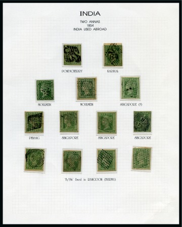 Stamp of India » Used Abroad 1854 2a green, selection of 13 used single neatly mounted (*)