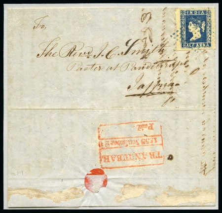 Stamp of India » Foreign Settlements in India » Danish Indian Settlements 1854 1/2a blue, die I, clear to large margins, neatly tied by blue diamond of dots, on folded entire from Tranquebar to Jaffna (*)