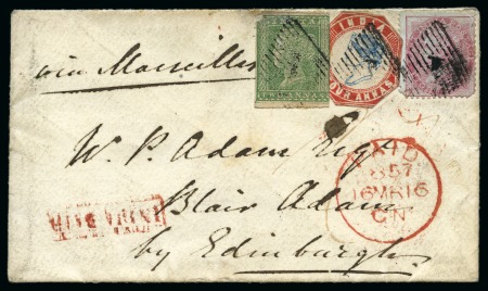 Stamp of India » 1854 Lithographs 1854 4a red and blue, 2a green both in combination with 1855 8a, all tied on small neat envelope to Edinburgh (*)