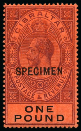 Stamp of Gibraltar 1912-24 Wmk CA 1/2d to 8s SPECIMEN set of 10 plus 1s shade, extra £1  and 2 1/2d deep bright blue with large "2" in "1/2" variety 