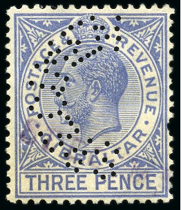 Stamp of Gibraltar 1930 3d Ultramarine with SPECIMEN perf, mint lh, another additionally hs SPECIMEN lightly in violet by a receiving authority