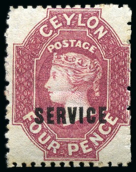 Stamp of Ceylon » 1867-70 Watermark Crown CC (21.5mm high) 1869 Wmk CC (small) and reversed, 4d rose-carmine with "SERVICE" essay overprint, mint og 