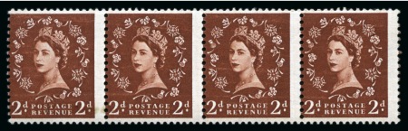 Stamp of Great Britain » Queen Elizabeth II 1958 Wilding 2d red-brown "Dollis Hill Phosphor Trial" in perforated horizontal strip of four