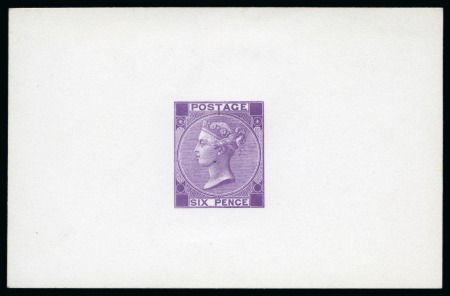 Stamp of Great Britain » 1855-1900 Surface Printed » 1867-80 Large Uncoloured Corner Letters, Wmk Spray of Rose 1867-80 De La Rue 6d (without hyphen) die proof in mauve on white matt card produced for display at the 1870 International Exhibition
