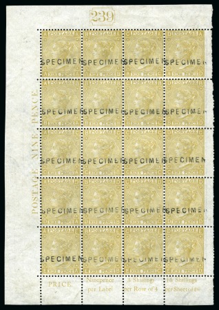 Stamp of Great Britain » 1855-1900 Surface Printed » 1867-80 Large Uncoloured Corner Letters, Wmk Spray of Rose 1867-80 9d Straw pl.4. complete pane of twenty with "SPECIMEN" type 2 overprint