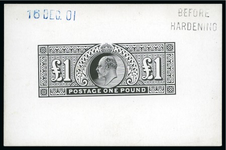Stamp of Great Britain » King Edward VII » 1902-10 De La Rue Issues 1902-10 De La Rue £1 die proof printed in black on white glazed card