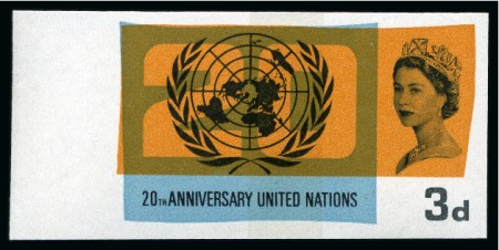 Stamp of Great Britain » Queen Elizabeth II 1965 20th Anniversary of United Nations (phosphor) 3d & 1s6d mint nh left hand marginal imperforate imprimaturs