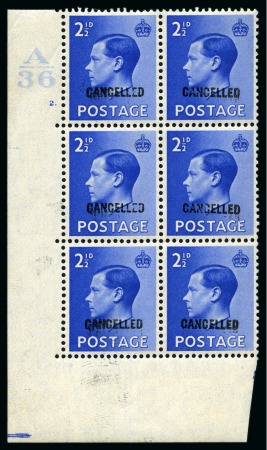Stamp of Great Britain » King Edward VIII 1936 2 1/2d Bright-Blue with "CANCELLED" type 33 overprint in mint nh lower left hand corner marginal A/36 control block of six