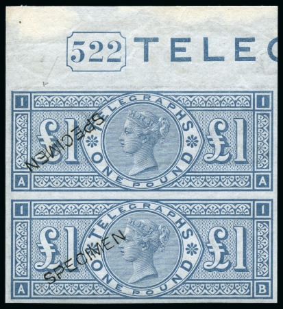 Stamp of Great Britain » Telegraphs 1877 £1 Telegraphs AA-AB imperforate colour trial in slate-blue in mint top marginal vertical pair with SPECIMEN ovpt