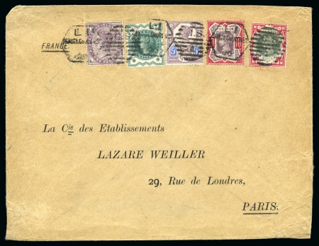 Stamp of Great Britain » 1855-1900 Surface Printed » 1887-1900 Jubilee Issue & 1891 £1 Green 1900 (Aug 3) Envelope from London to France with 1s green and carmine paying late fee rate