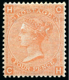 Stamp of Great Britain » 1855-1900 Surface Printed » 1865-67 Large Uncoloured Corner Letters, Wmk Large Garter & Emblems 1865-67 4d Dull Vermilion pl.14 mint part og