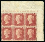 Stamp of Great Britain » 1854-70 Perforated Line Engraved 1861 1d Rose-Red pl.50, alphabet IV, wmk Type I in mint part og top right hand corner marginal plate block of six with wmk variety