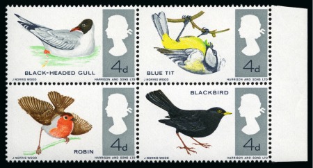 Stamp of Great Britain » Queen Elizabeth II 1966 British Birds 4d (ordinary) se-tenant mint nh right hand marginal block of four with BRIGHT BLUE OMITTED