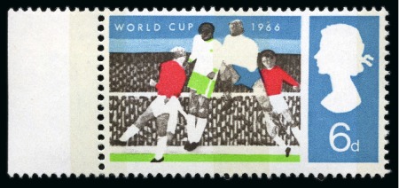 Stamp of Great Britain » Queen Elizabeth II 1966 World Cup (phosphor) 6d with BLACK OMITTED in mint nh left marginal