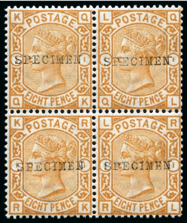 Stamp of Great Britain » 1855-1900 Surface Printed » 1873-80 Large Coloured Corner Letters 1873-80 8d orange pl.1 QK-RL mint nh block of four with "SPECIMEN" type 9 overprint