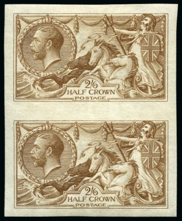 Stamp of Great Britain » King George V » 1913-19 Seahorse Issues 1915 De La Rue Seahorses 2s6d imperforate colour trial in yellow-brown in mint vertical pair