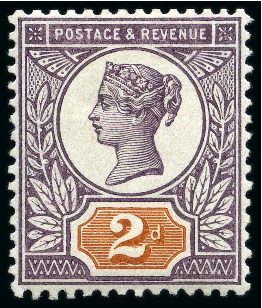 Stamp of Great Britain » 1855-1900 Surface Printed » 1887-1900 Jubilee Issue & 1891 £1 Green 1887-1900 Jubilee issue 2d colour trial with head plate in purple and duty tablet in orange