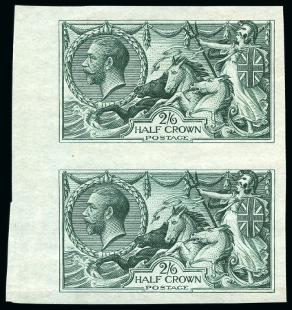 Stamp of Great Britain » King George V » 1913-19 Seahorse Issues 1913 Waterlow Seahorses 2s6d imperforate colour trial in bottle green in vertical pair on ungummed "JAS WRIGLEY LD-219" paper