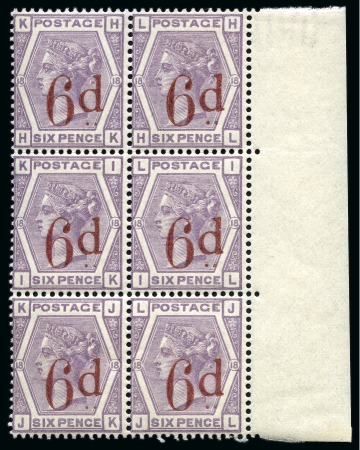 Stamp of Great Britain » 1855-1900 Surface Printed » 1880-83 Large Coloured Corner Letters, Wmk Imperial Crown 1883 6d on 6d Lilac pl.18 HK/JL mint nh right hand marginal block of six
