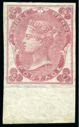 Stamp of Great Britain » 1855-1900 Surface Printed » 1862-64 Small Uncoloured Corner Letters 1862-64 3d Rose pl.3 EF, with white dots, imperforate mint lower marginal