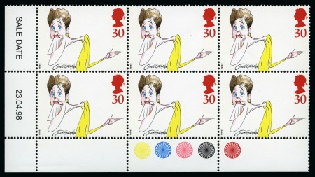 Stamp of Great Britain » Queen Elizabeth II 1998 Comedians ERROR OF VALUE 30p for 37p Joyce Grenfell in mint nh lower left corner marginal traffic light block of six