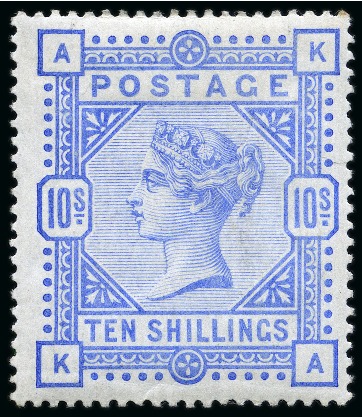 Stamp of Great Britain » 1855-1900 Surface Printed » 1883-84 & 1888 High Values 1883-84 10s Ultramarine KA mint h