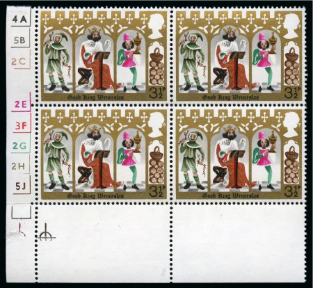 Stamp of Great Britain » Queen Elizabeth II 1973 Christmas 3 1/2p with BLUE OMITTED in mint nh lower left corner cylinder block of four