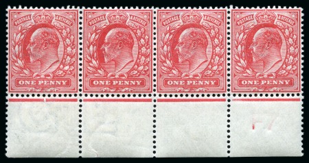 Stamp of Great Britain » King Edward VII » 1902-10 De La Rue Issues 1902-10 De La Rue 1d scarlet mint nh "F7" (P) control strip of four from plate 36, showing the variety "F7" almost omitted